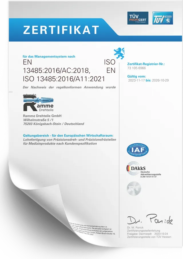 Ramme Drehteile GmbH Zertifikat DIN EN ISO 13485
